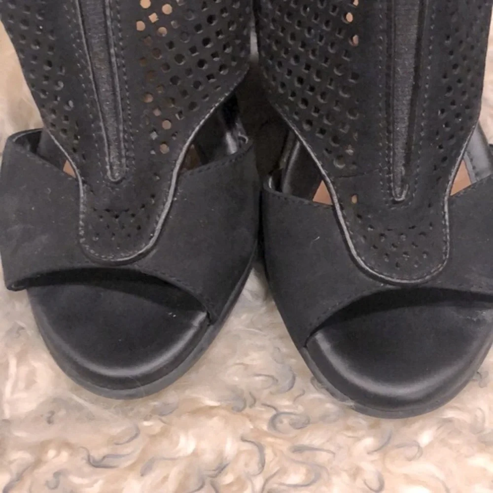 EARTH DALIA PEEP TOE LEATHER SLINGBACK WEDGE SANDALS BLACK SIZE 6